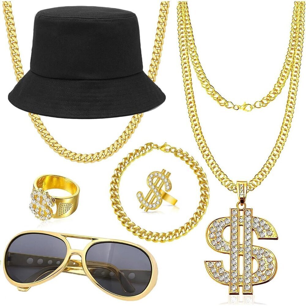 Hip Hop Costume Kit Unisex 80s 90s Rapper Accessories with Gold Necklace